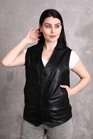 Hakiki deri Kadın yelek yandan cepli