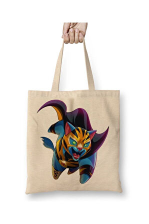 Cat El Tigre Kaplan Kedi Beyaz Bez Çanta Uzun Saplı Alışveriş Çantası Plaj Çantası