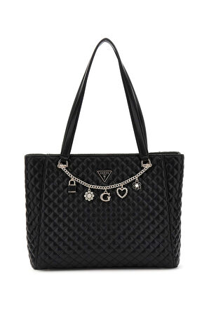 Kadın Charm Detaylı Zincir Aksesuarlı Kapitoneli Tote Omuz Çantası - Siyah | undefined