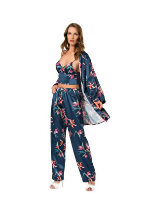 Kadın Lacivert Çiçek Desenli Saten 3 lü Pijama Takımı