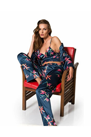 Kadın Lacivert Çiçek Desenli Saten 3 lü Pijama Takımı