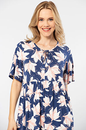 Türen Yaprak Desenli Kısa Kollu Elbise 3354/Lacivert