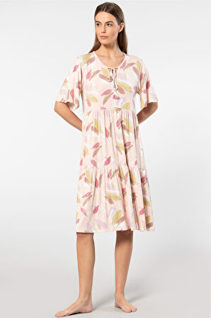 Türen Yaprak Desenli Kısa Kollu Elbise 3354/Pudra