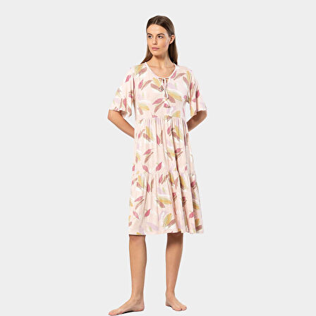 Türen Yaprak Desenli Kısa Kollu Elbise 3354/Pudra