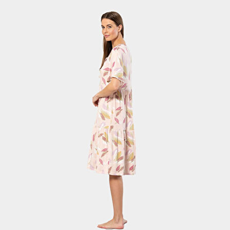Türen Yaprak Desenli Kısa Kollu Elbise 3354/Pudra