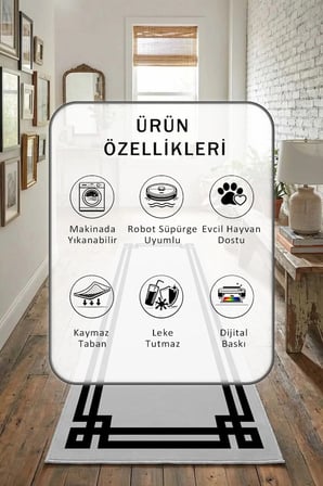 Klasik Açık Gri Siyah Modern Dijital Baskı Yıkanabilir Kaymaz Yolluk Halı Gri Siyah