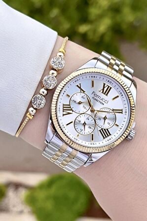 Ferrucci FCISTE282 Gold Gümüş Renk Hediye Paketli İç Göstergeleri Aktif Kadın Kol Saati ve Bileklik