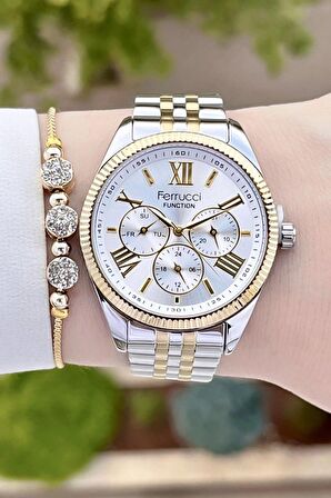 Ferrucci FCISTE282 Gold Gümüş Renk Hediye Paketli İç Göstergeleri Aktif Kadın Kol Saati ve Bileklik
