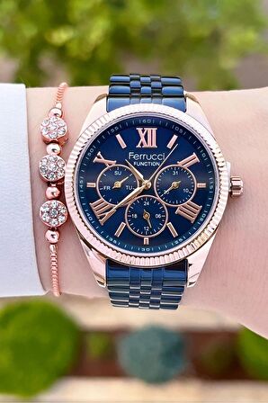 Ferrucci FCISTE284 Kasası Rose Kordonu Lacivert Renk Hediye Paketli Kadın Kol Saati ve Bileklik