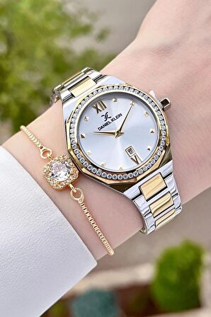 Daniel Klein DKISTE1112 Gold Gümüş Renk Hediye Paketli Takvimli Kadın Kol Saati ve Bileklik