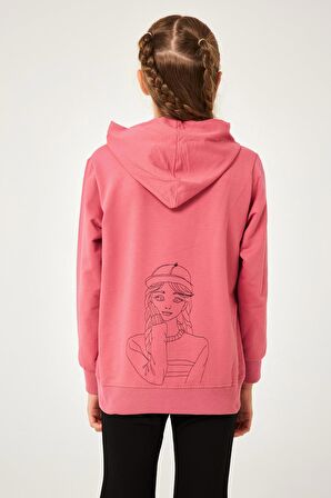 Secret Baskı Detaylı Kız Çocuk Kapüşonlu Sweatshirt Gül Kurusu