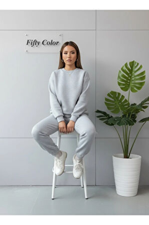Unisex 2 Iplik Şardonlu Kışlık Gri Sweat - Gri Eşofman Takım Alt-üst