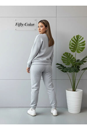 Unisex 2 Iplik Şardonlu Kışlık Gri Sweat - Gri Eşofman Takım Alt-üst
