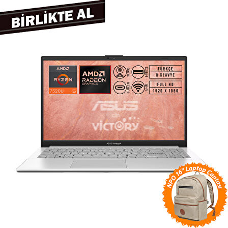 Asus VivoBook Go 15 AMD Ryzen 5 7520U 8GB 1TB SSD 15.6" W11P + Çanta E1504FA-NJ115 018