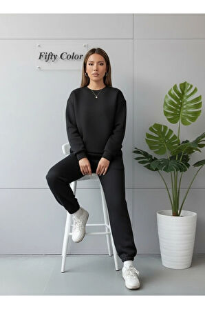 Unisex 2 Iplik Şardonlu Kışlık Siyah Sweat - Siyah Eşofman Takım Alt-üst