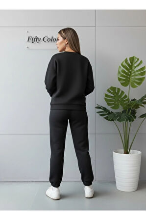 Unisex 2 Iplik Şardonlu Kışlık Siyah Sweat - Siyah Eşofman Takım Alt-üst