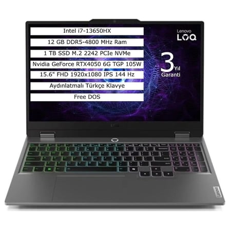 Lenovo Loq 15IRX9 Intel Core I7 13650HX 20GB 512GB SSD 6gb RTX4050 Freedos 15.6" Fhd Taşınabilir Bilgisayar 83DV0118TR