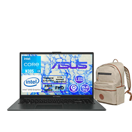 ASUS VivoBook Go 15 i3-N305 8GB 512GB SSD 15.6" FHD Freedos Laptop E1504GA-NJ276 005 + Çanta