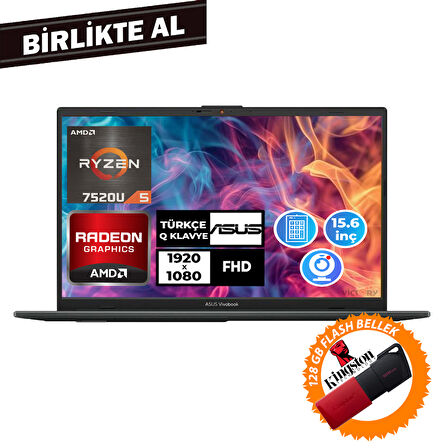 Asus Vivobook Go 15 Ryzen 5 7520U 16GB 1TB SSD 15.6" Freedos + 128GB Flash Disk E1504FA-NJ1465 022