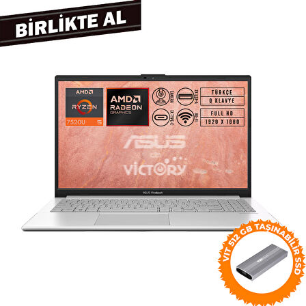 Asus VivoBook Go 15 AMD Ryzen 5 7520U 8GB 1TB SSD 15.6" FHD Fdos + VIT 512 GB SSD E1504FA-NJ115 009