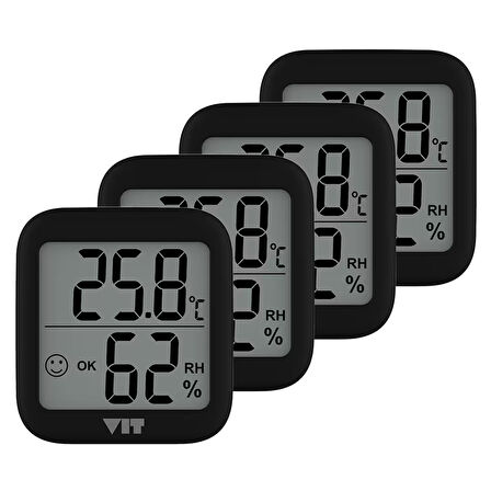 VIT 4'lü İç Mekan Dijital Isı ve Nem Ölçer Siyah Termometre BVT17-03