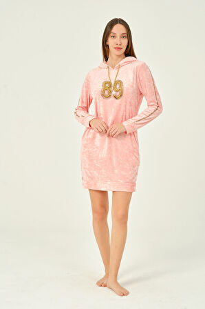 Cepli Kapüşonlu Taş Detaylı Kadife Uzun Kollu Kısa Elbise