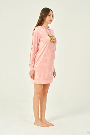 Cepli Kapüşonlu Taş Detaylı Kadife Uzun Kollu Kısa Elbise