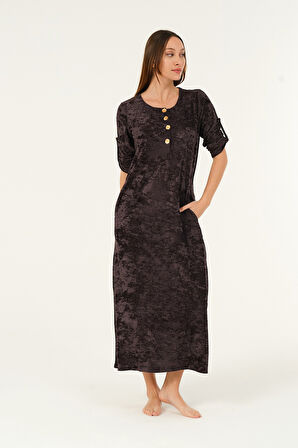 lacivert maxi boy cepli düğmeli kadife uzun elbise