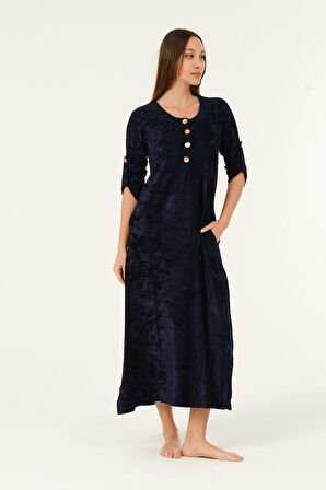 lacivert maxi boy cepli düğmeli kadife uzun elbise