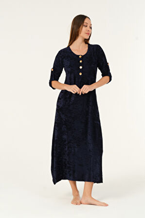 lacivert maxi boy cepli düğmeli kadife uzun elbise