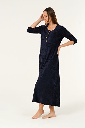 lacivert maxi boy cepli düğmeli kadife uzun elbise