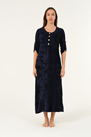 lacivert maxi boy cepli düğmeli kadife uzun elbise