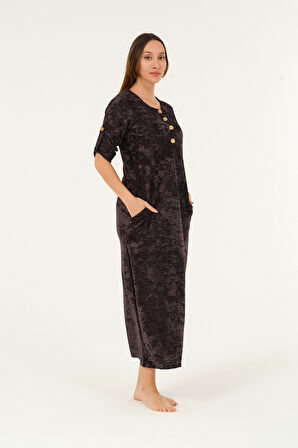 lacivert maxi boy cepli düğmeli kadife uzun elbise