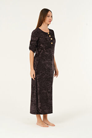 lacivert maxi boy cepli düğmeli kadife uzun elbise