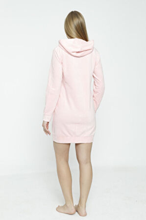 Kadın Uzun Kollu Kapüşonlu Soft Polar Cepli Fermuarlı Elbise