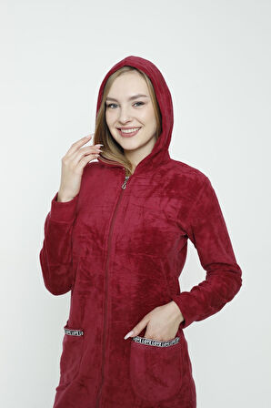 Kadın Uzun Kollu Kapüşonlu Soft Polar Cepli Fermuarlı Elbise