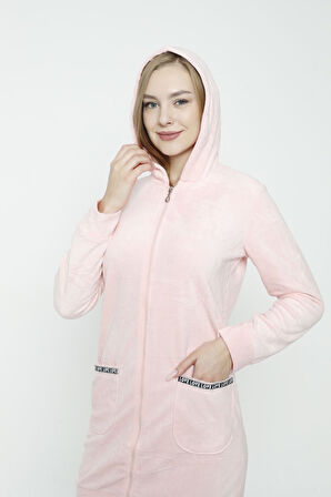 Kadın Uzun Kollu Kapüşonlu Soft Polar Cepli Fermuarlı Elbise