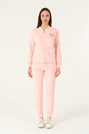 Fermuarlı Taş Detaylı Uzun Kollu Cepli Slim Fit Soft Polar Eşofman Takımı