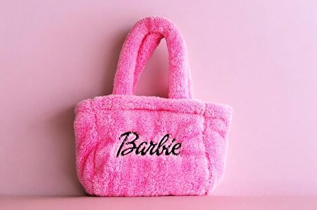 Barbie Peluş Fermuarlı Pembe Çanta Laptop Makyaj Günlük Çantası