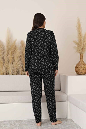 Siyah Çiçekli Dantel Detaylı V Yaka Düğmeli Mevsimlik Pamuk Likra Uzun Kol Pijama Takımı-Geniş Kalıp