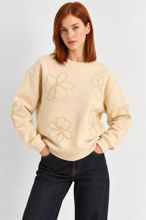 Kadın Çiçek Motifli Şardonlu Üç İplik Oversize Sweatshirt - Bej