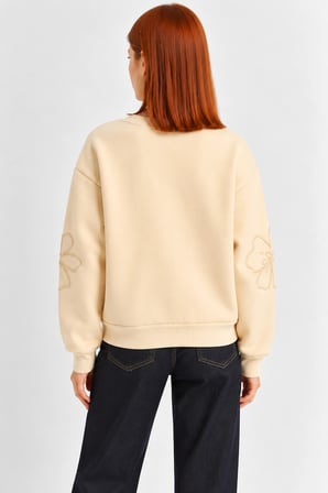Kadın Çiçek Motifli Şardonlu Üç İplik Oversize Sweatshirt - Bej