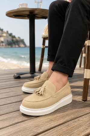 Monaco Bağcıksız Püsküllü Süet Erkek Günlük Spor Klasik Loafer Ayakkabı – Krem