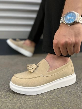 Monaco Bağcıksız Püsküllü Süet Erkek Günlük Spor Klasik Loafer Ayakkabı – Krem