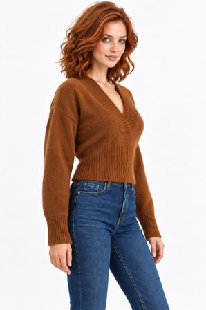 Kadın V Yaka Fitilli Triko Kazak - Vücuda Oturan Slim Fit Kazak - Camel
