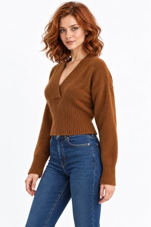 Kadın V Yaka Fitilli Triko Kazak - Vücuda Oturan Slim Fit Kazak - Camel