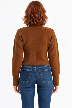 Kadın V Yaka Fitilli Triko Kazak - Vücuda Oturan Slim Fit Kazak - Camel