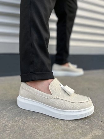 Monaco Bağcıksız Püsküllü Keten Erkek Günlük Spor Klasik Loafer Ayakkabı – Beyaz