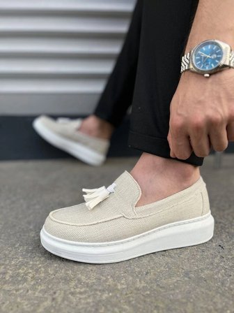 Monaco Bağcıksız Püsküllü Keten Erkek Günlük Spor Klasik Loafer Ayakkabı – Beyaz