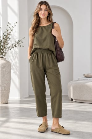 Beli Lastikli Modal Pantolon & Kalın Askılı Bluz Takımı - Haki